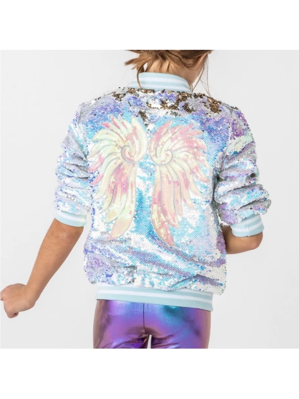 Lola + The Boys Iridescent Sequin Bomber Jacket with Pastel Angel Wings Size 8